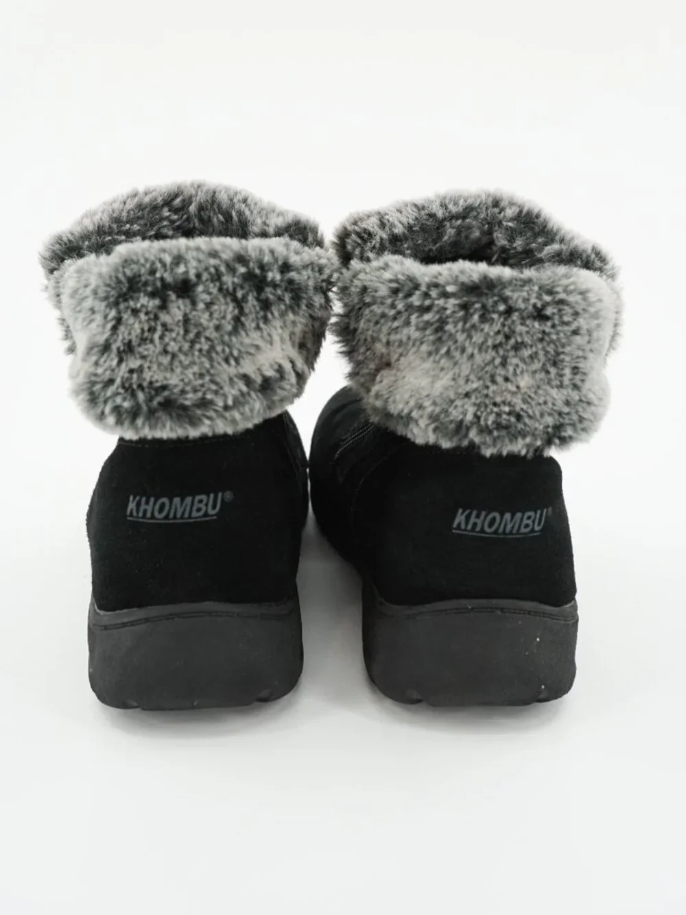 Khombu Black Suede Upper Booties Ladies 9M, Side Zip, Faux Fur